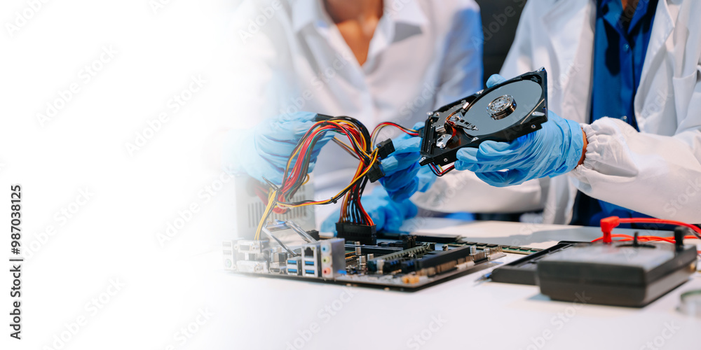 Obraz premium Showcasing expert computer hardware assembly and hard drive installation with precision