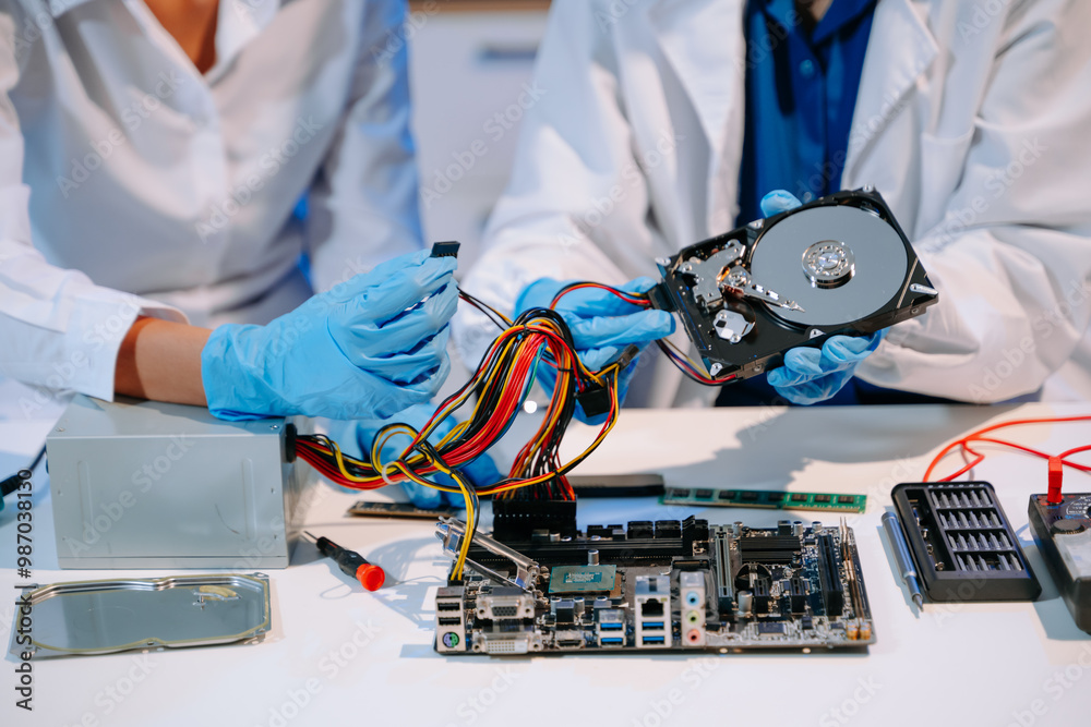 Obraz premium Showcasing expert computer hardware assembly and hard drive installation with precision