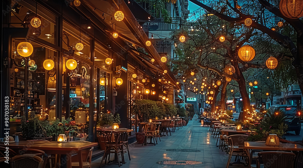 The exterior of restaurant, warm and cozy atmosphere, outdoor seating paired with luminous trees. The exterior of restaurant, warm and cozy atmosphere, outdoor seating paired with luminous trees.