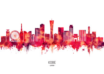 Fotobehang Aquarelschilderij wolkenkrabber  Kobe skyline in rode tinten  © Towseef Dar