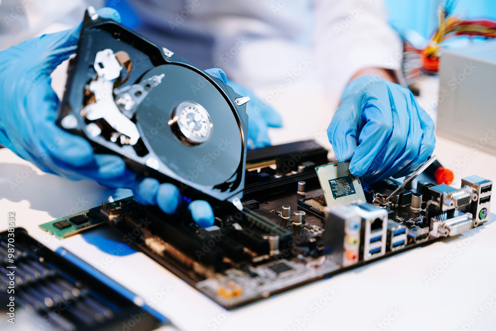 Naklejka premium Technician repairing inside of hard disk drive by screwdriver. the concept of data, hardware, technician