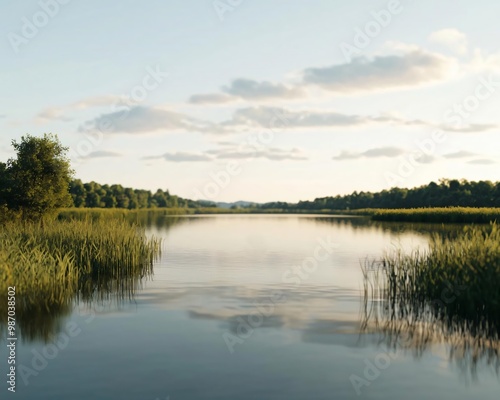 Tranquil landscape featuring a serene river surrounded by lush greenery and gentle clouds under a clear sky.
