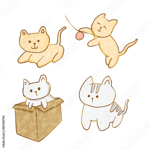 Set of cat playing with ball and box 