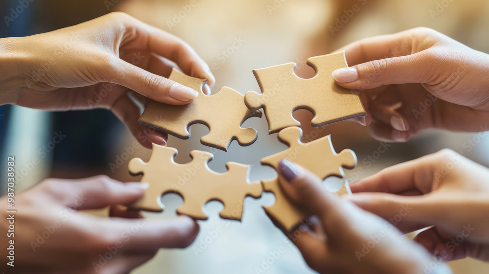 A group of hands connecting puzzle pieces together, symbolizing teamwork, collaboration, and problem-solving. A group of hands connecting puzzle pieces together, symbolizing teamwork, collaboration, and problem-solving.