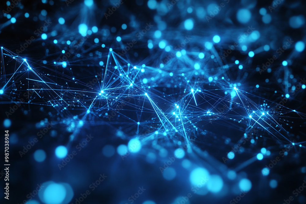 A vibrant abstract representation of an information network, showcasing massive flow of data with interconnected blue lines and glowing nodes. image evokes sense of technology and connectivity A vibrant abstract representation of an information network, showcasing massive flow of data with interconnected blue lines and glowing nodes. image evokes sense of technology and connectivity