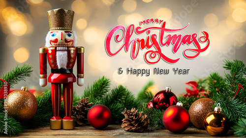 A festive Christmas scene featuring a nutcracker, ornaments, and greenery, celebrating the holiday season with a joyful greeting.