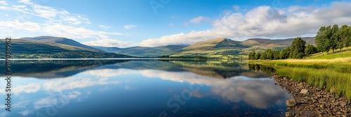  Surrounded by mountains, a body of water lies beneath a clear blue sky, dotted with fluffy white clouds Green grass blankets the land on either side