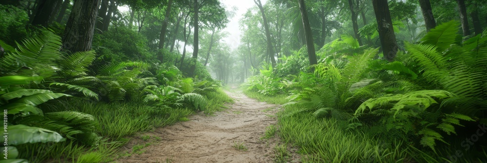 A dirt path, encircled by lush greenery, runs through a forest, flanked by an abundance of verdant plants and trees