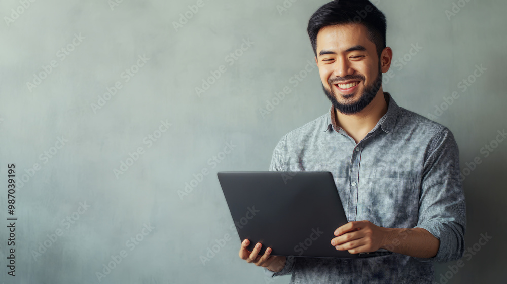 A smiling man holds a laptop in a casual setting, exhibiting a positive expression and a stylish, patterned shirt against a neutral background. A smiling man holds a laptop in a casual setting, exhibiting a positive expression and a stylish, patterned shirt against a neutral background.