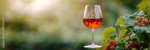  A glass of wine atop a table, nearby sits a vibrant bunch of green leaves Nearby, a red-berried bush completes the scene photo