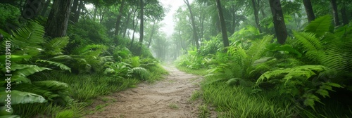Obraz na płótnie A dirt path, encircled by lush greenery, runs through a forest, flanked by an abundance of verdant plants and trees w salonie