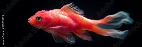  A goldfish, tightly framed against black backdrop, showing an enlarged view Reflection of its head subtly blurred