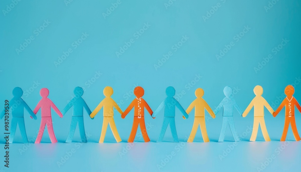 Colorful Paper Chain of People on Blue Background Colorful Paper Chain of People on Blue Background