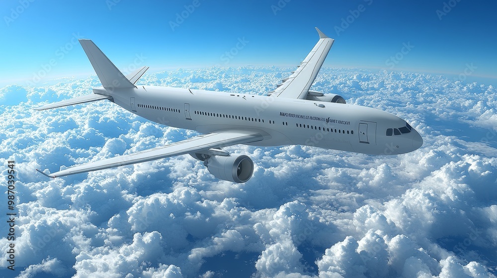 Obraz premium A stunning aircraft soaring above fluffy clouds, capturing the essence of air travel and the beauty of the sky.