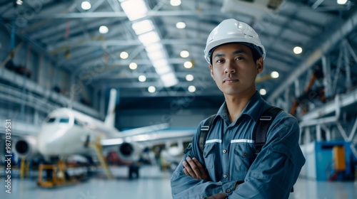 Wallpaper Mural Confident Aerospace Engineer with Helmet in Airplane Hangar Torontodigital.ca