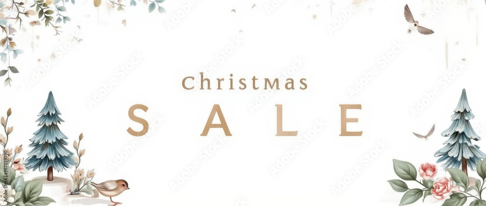 Obraz premium This sleek Christmas sale banner showcases elegant typography against a minimalist white backdrop, enhanced with seasonal decorative elements such as trees and flowers, creating a festive appeal