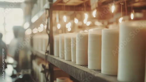 A warm, cozy candle shop with rows of white candles on shelves, illuminated by hanging light bulbs, creating a serene ambiance.