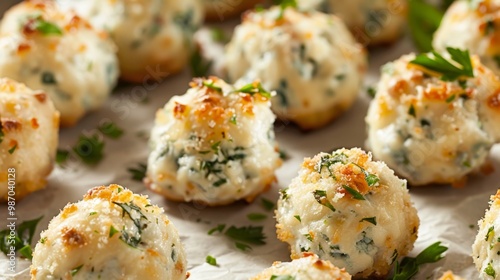 Cheese-Stuffed Risotto Balls Garnished with Parsley. Baked Gorgonzola Bites