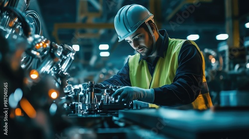 A worker wearing a safety vest and helmet focuses on assembling mechanical components in a brightly lit, advanced assembly line environment