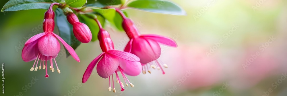  A tight shot of a pink bloom on a leafy branch against a softly blurred backdrop of greenery