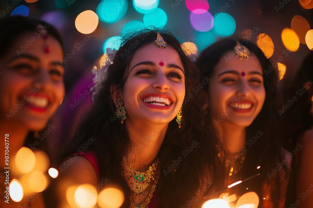 Fototapeta premium A group of women laughing together, holding sparklers with colorful lights glowing in the background