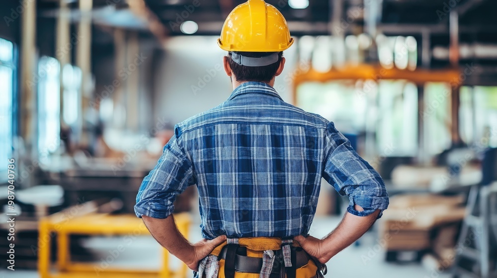 A worker with a yellow safety helmet stands with his hands on his hips, facing the interior of a spacious factory workshop filled with equipment and tools A worker with a yellow safety helmet stands with his hands on his hips, facing the interior of a spacious factory workshop filled with equipment and tools