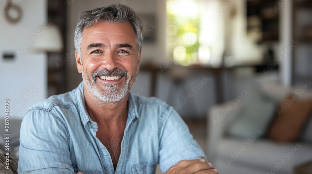 Smiling Mature Man Relaxing on Couch in Cozy Living Room Smiling Mature Man Relaxing on Couch in Cozy Living Room