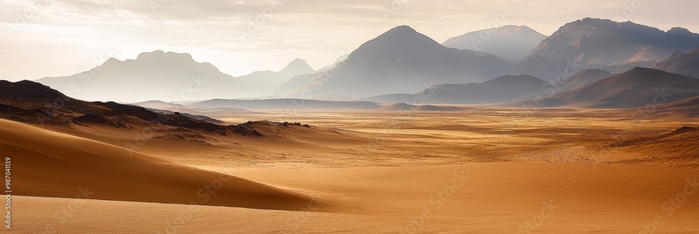 Naklejka premium A desert landscape with mountains in the background and foreground featuring sand dunes Few sand dunes populate the foreground