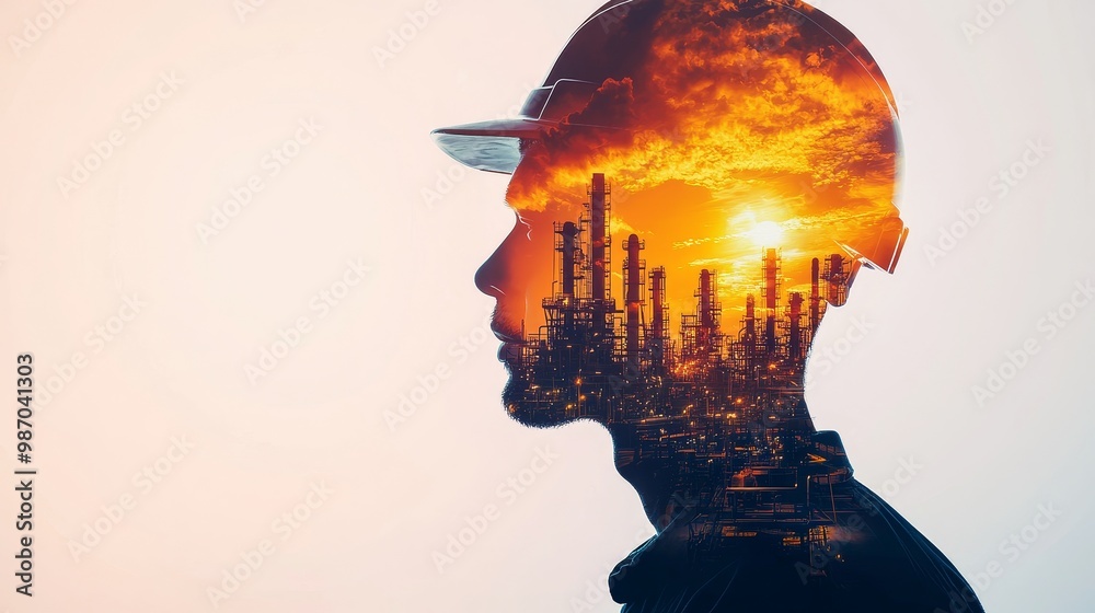 A silhouette of a worker with a sunset and industrial landscape overlay symbolizes the intersection of humanity and industry.