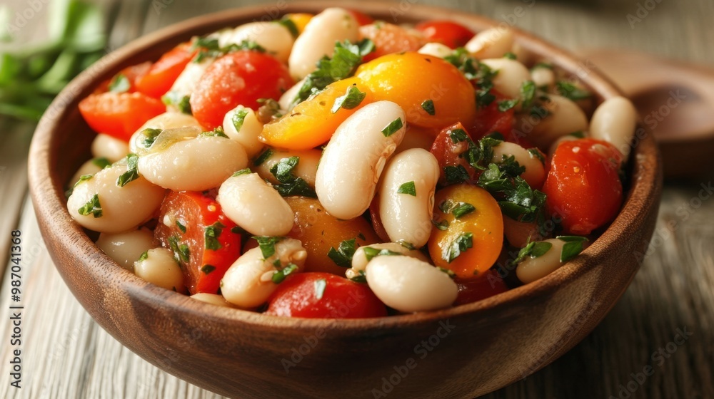Fresh Bean Salad Bowl with Tomato and Parsley. Marinated White Bean and Tomato Salad