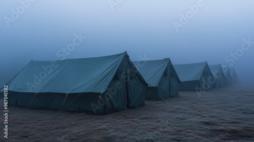 Misty Morning at Military Camp with Tents and Soldiers