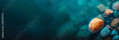  A collection of rocks atop azure and emerald water, adorned by a solitary yellow leaf perched upon a rock