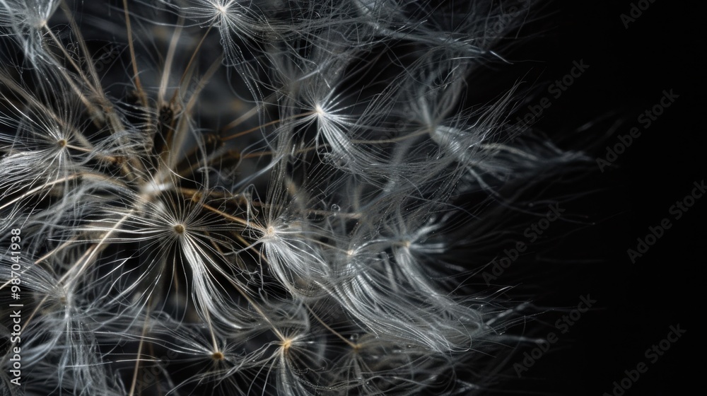 Naklejka premium Macro Close-Up of Dandelion Seeds on Black Background