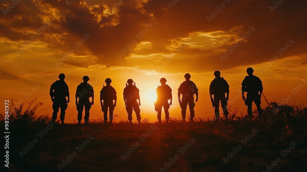 Silhouetted Group of Soldiers at Sunset Silhouetted Group of Soldiers at Sunset