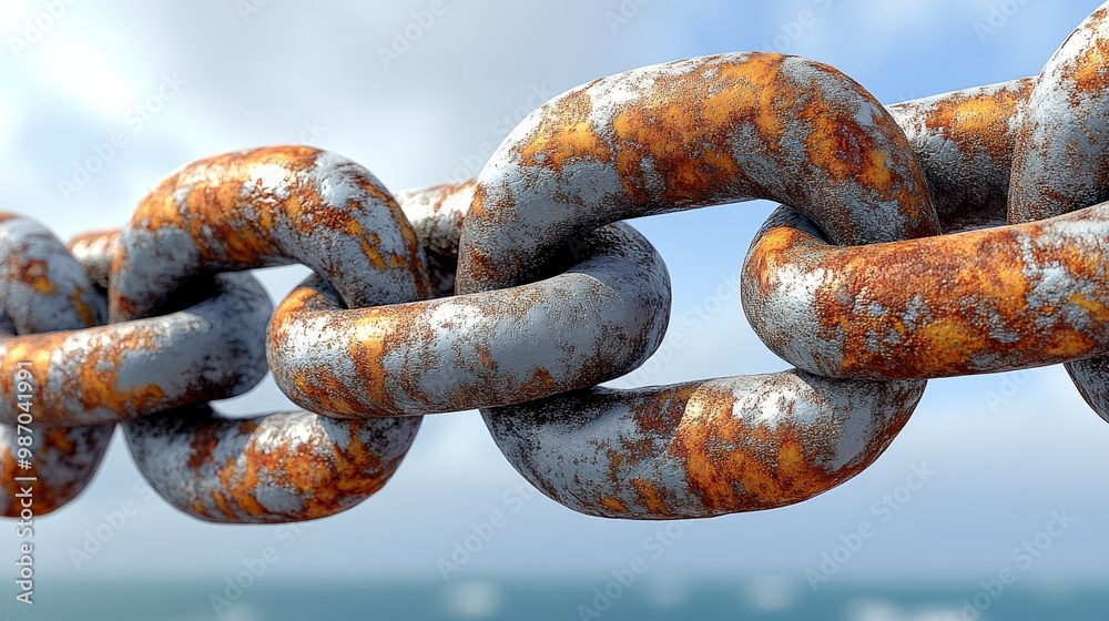 Close-up of a rusty metal chain, showcasing weathering and texture against a blurred background of sky and water. Close-up of a rusty metal chain, showcasing weathering and texture against a blurred background of sky and water.