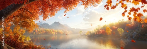  A painting of a serene lake bordered by trees with foliage in the foreground, and a distant mountain range in the background