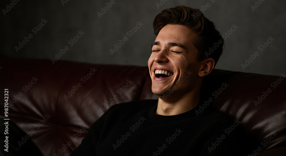 Smiling young man laughing on a leather couch. Indoor portrait with dark background Smiling young man laughing on a leather couch. Indoor portrait with dark background