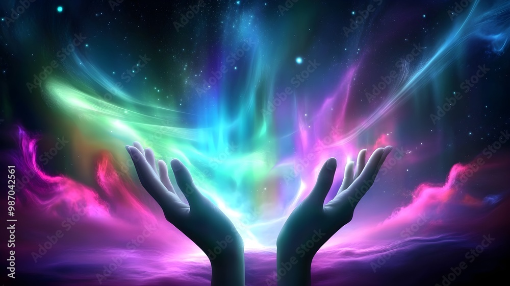 Hands Holding Vivid Colorful Light Beams with Dreamlike Auroras Lighting Up the Sky. Hands Holding Vivid Colorful Light Beams with Dreamlike Auroras Lighting Up the Sky.