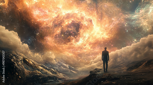 The silhouette of a man stands on the edge of a foggy cliff, contemplating a cosmic storm of bright stars and flaming clouds, immersed in thought.