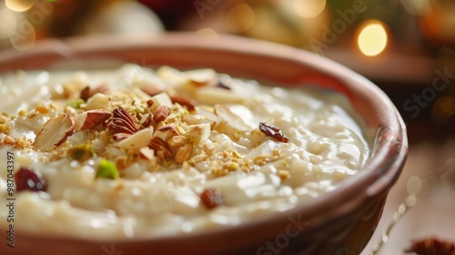 Traditional Indian Kheer Rice Pudding with Nuts and Saffron photo