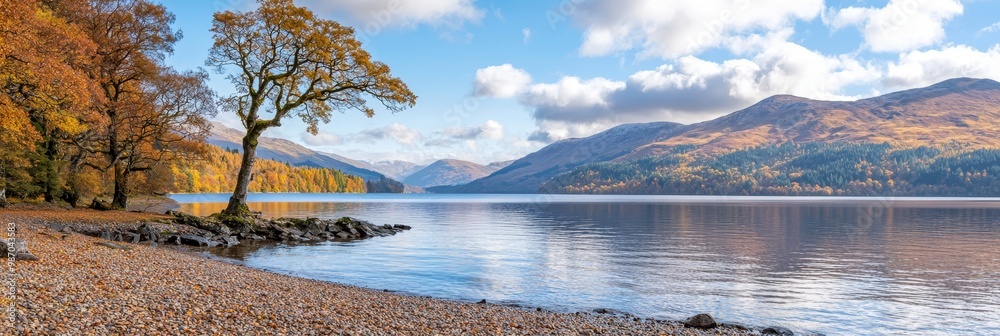 Fototapeta premium A tranquil lake nestled amongst mountains, its surface mirroring the towering peaks; a solitary tree stands in the foreground