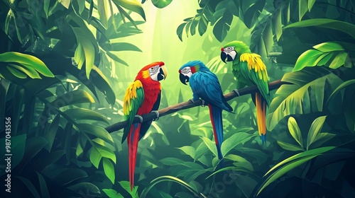 Colorful parrots perched in lush jungle. photo