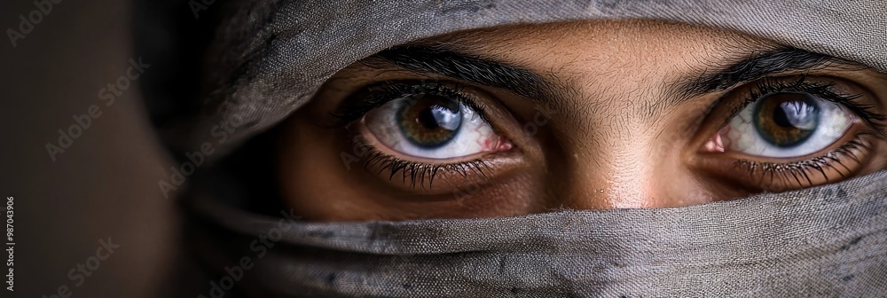 A close-up of a person's eyes, with a cloth covering both their head and eyes A close-up of a person's eyes, with a cloth covering both their head and eyes