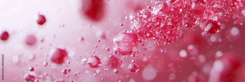 A tight shot of water droplets on a pink backdrop, blurred red and white hues in the background A tight shot of water droplets on a pink backdrop, blurred red and white hues in the background