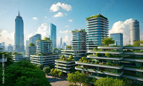 City skyline showcasing smart buildings with integrated solar panels and greenery, representing a futuristic urban landscape. Generated with AI