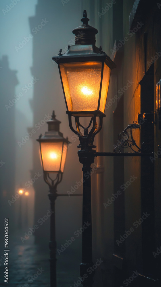 A street lamp with a yellow light is lit up in the fog