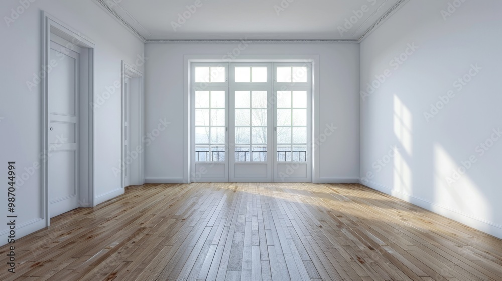 Fototapeta premium Bright Spacious Room with Large Windows and Hardwood Floors