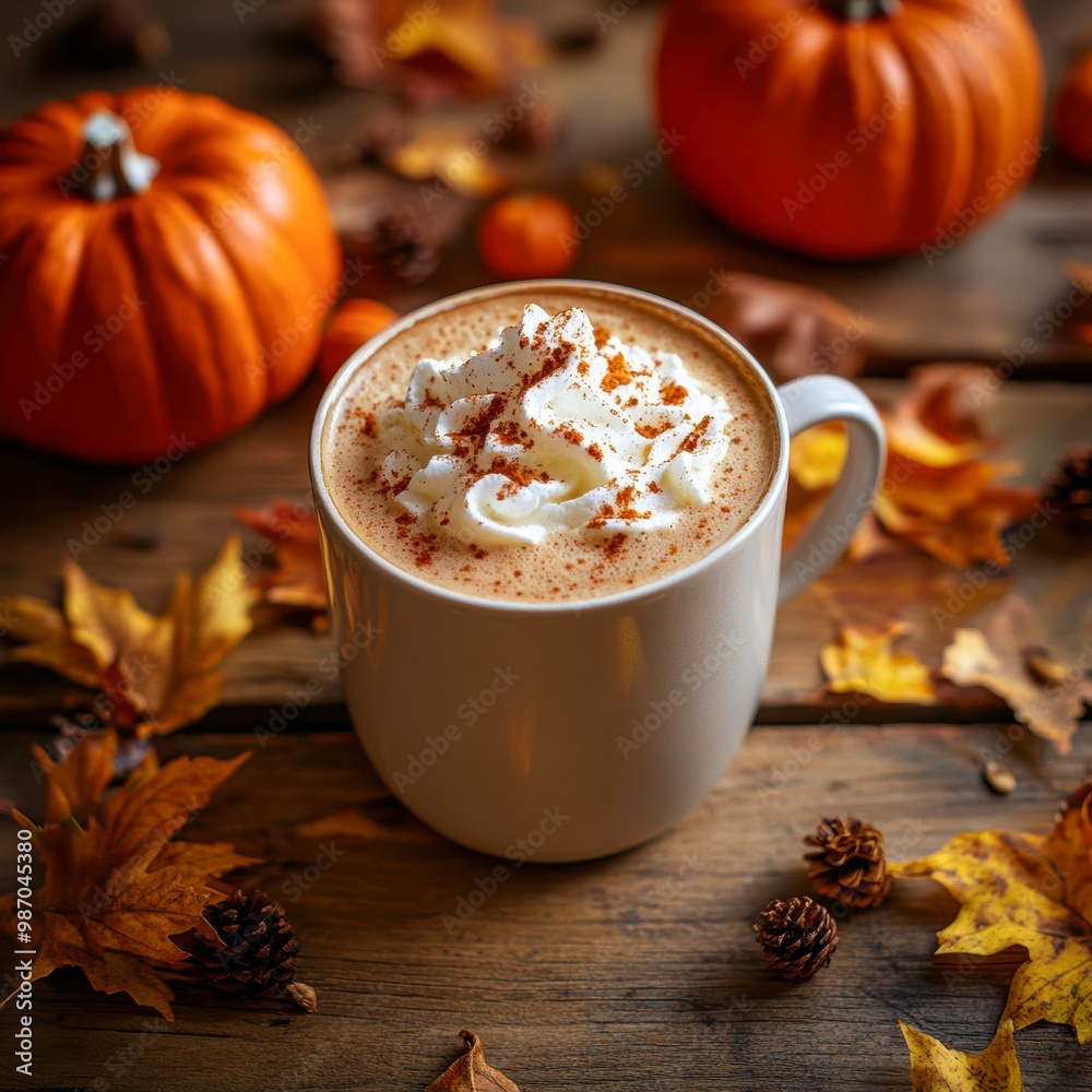A warm autumn latte topped with whipped cream and sprinkled with cinnamon sits on a wooden table surrounded by pumpkins, fall leaves, and pine cones, Ideal for seasonal promotions, cafes
