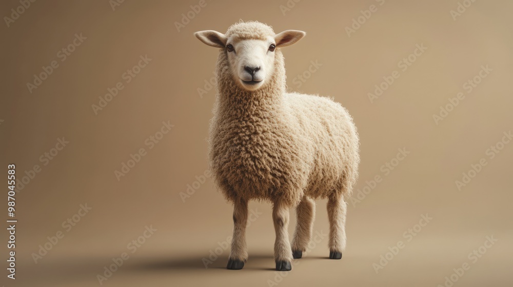 Fototapeta premium A white sheep standing on a brown background, looking directly at the camera.