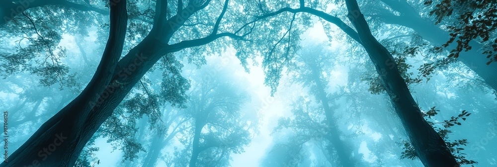 Naklejka premium A forest teeming with numerous trees, their crowns draped in abundant green foliage, set against a backdrop of fog-shrouded woods and trees